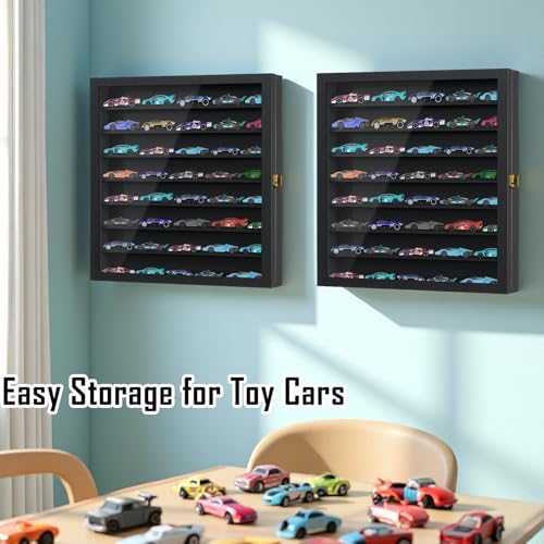 Image of Large Display Case for 1 /64 Scale Model Cars, Wall-Mounted or Freestanding Wood Display Cabinet for Hot Wheels, Rocks, Challenge Coins, Mini Toys, Minifigures, UV Protection Shadow Box, Black
