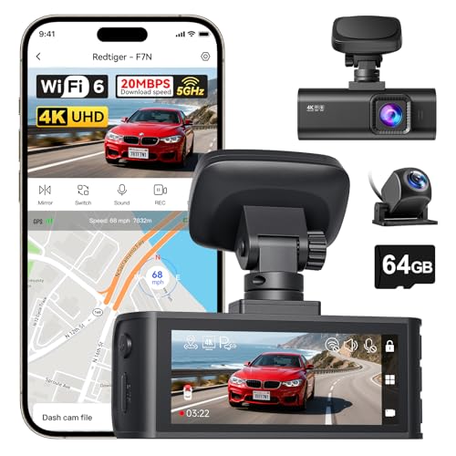 REDTIGER F7N 4K Dual Dash Cam, 5.8GHz WiFi-20 MB/s Fast