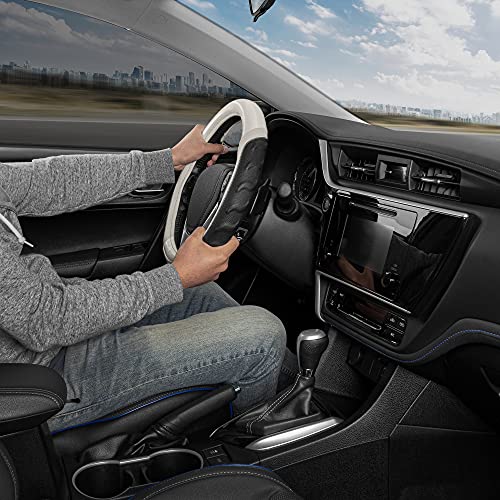 Image of Motor Trend UltraSport White Carbon Fiber Steering Wheel Cover, Standard 15 inch Size, Black Faux Leather Comfort Grip, Car Steering Wheel Cover for Auto Truck Van SUV
