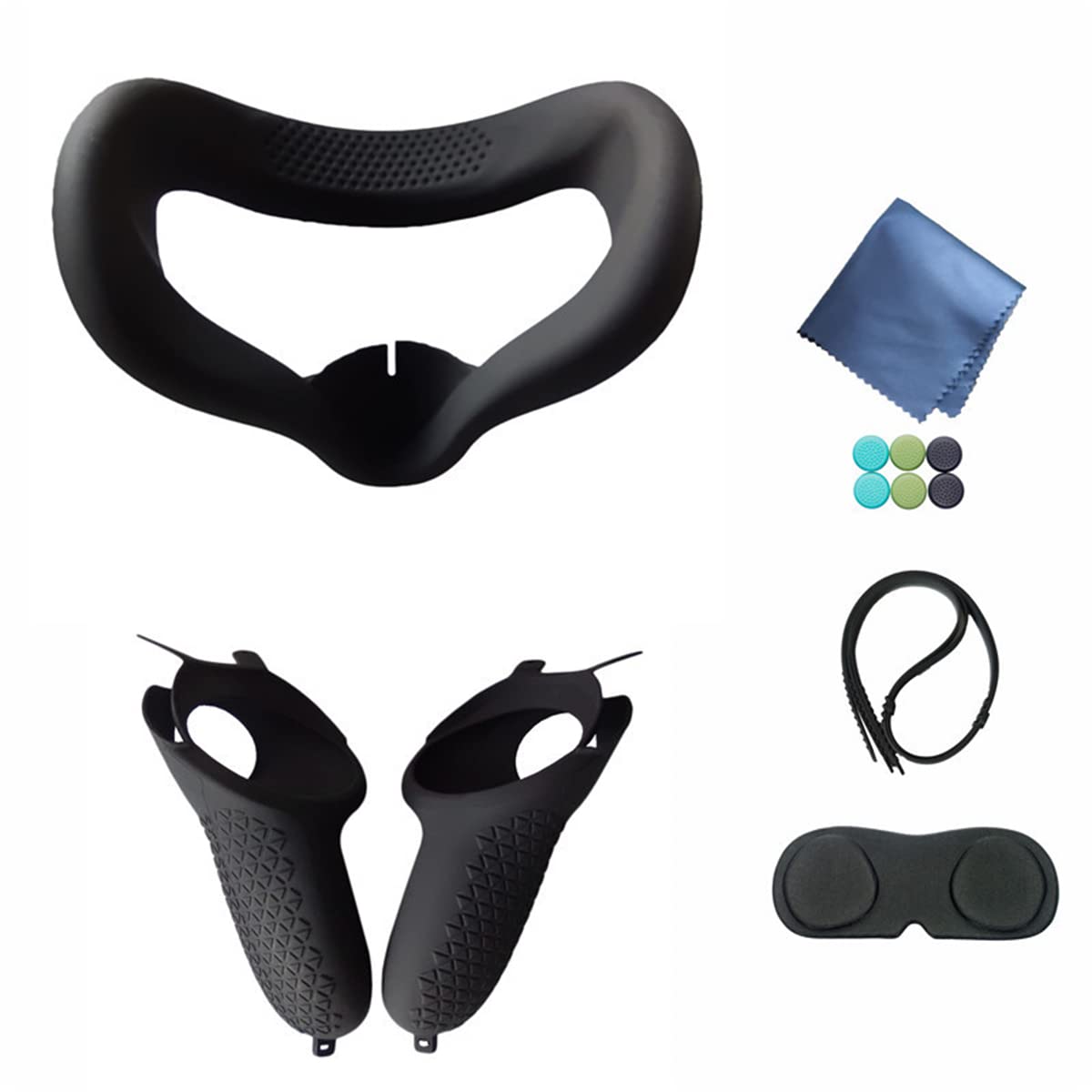 for Oculus Quest 2 Accessories - VR Face Silicone Cover + Touch Controller Grip Cover + Protective Lens dust-Proof Cover + Thumb Button Cap (Black)
