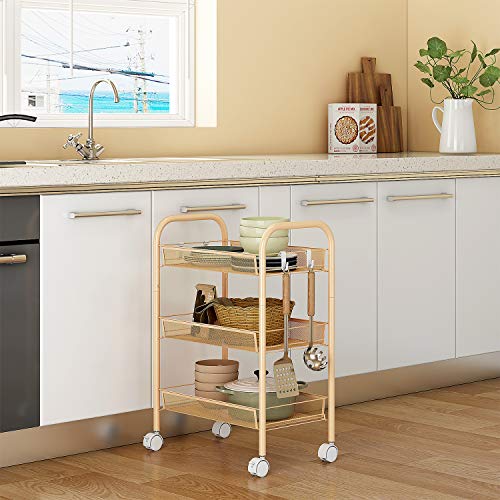 JEROAL 3 Tier Rolling Trolley, Metal Mesh Rolling Cart, Mesh Storage Pantry Cart with Lockable Wheels, Gold - Thumbnail 5
