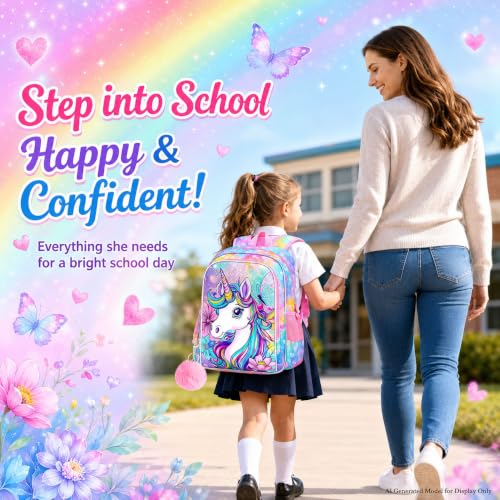 Image of 3Pcs Unicorn Backpack for Girls, 16 inch Kids Bookbag Set with Lunch Box,School Backpacks for Elementary Preschool Kindergarten (Rainbow)