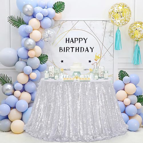 Image of B-COOL Silver Sequin Tablecloth Decorations - 120 Inch Sparkly Table Fabric for Holiday Feast Birthday Celebration Anniversary Party