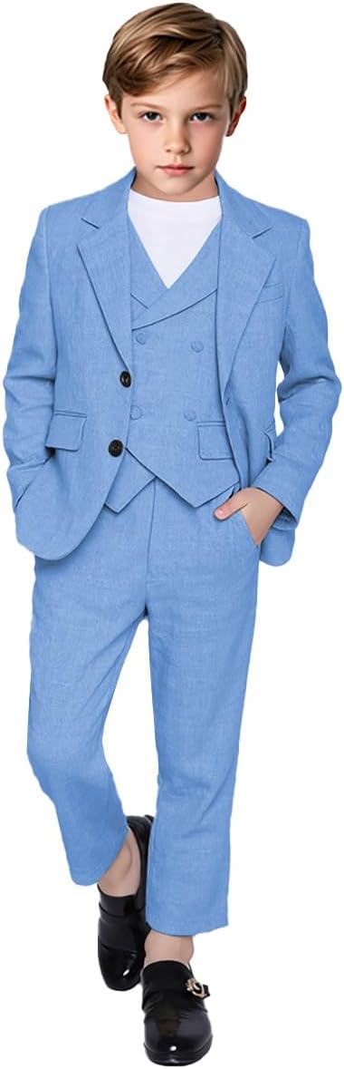 Boy's 3 Piece Linen Boys Tuxedo Suit Boys Jacket Double Breasted Vest Pants Formal Suit Set for Boys Wedding