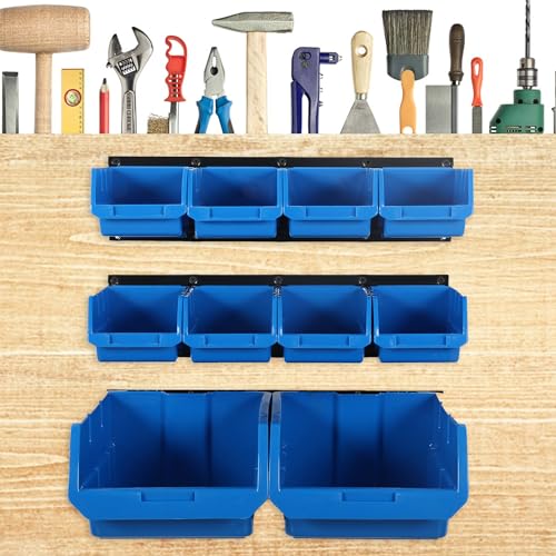 Image of Wallmaster Wall Mounted Storage Bins, Wall Storage Bins Parts Rack 10 Bins&3 Rails Wall Mount Tool Organizer Hardware Storage Organizer (Blue)