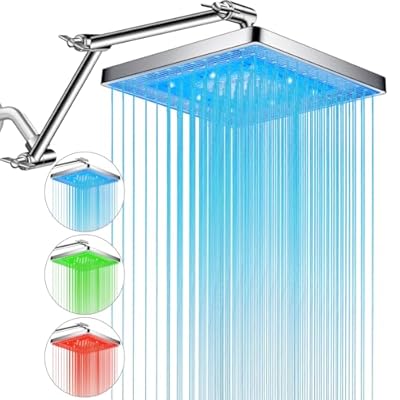 PinWin Shower Head, 8'' LED Rain Shower Head with 16'' Adjustable Extension Arm, Rainfall Style Water Spray, LED Shower Head Water Temperature Controlled Color Changing,Chrome