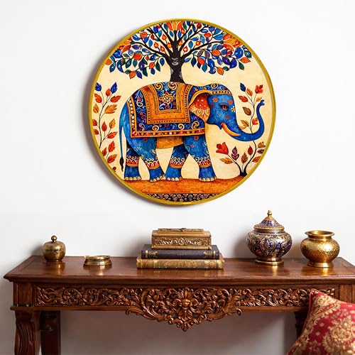 Image of Decorative Elephant Round Framed Wall Art Painting For Living Room | Traditional Floral Vastu Elephant Wall Art Painting with Frame for Home, Bedroom & Office, 16 Inch