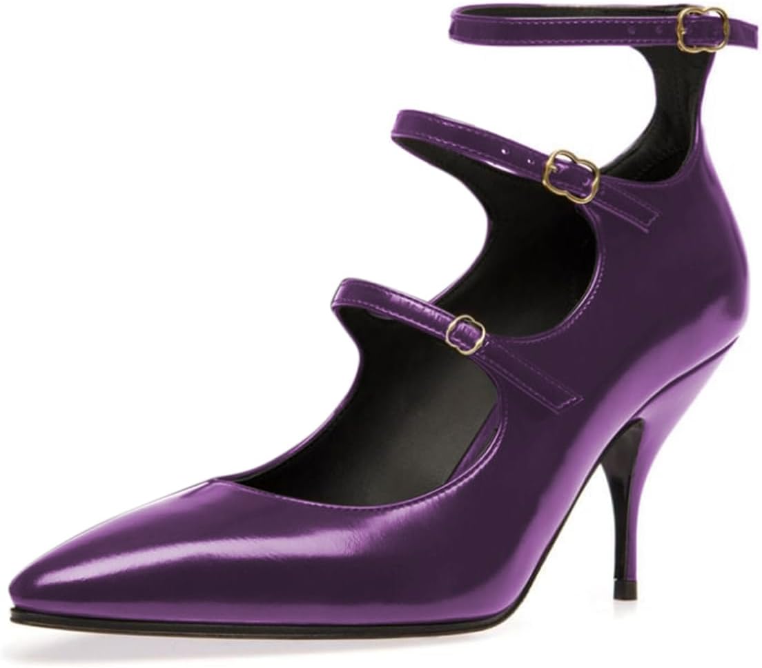 FOWT Women Elegant Pointed Toe Three Straps Pumps Mid Heel Ankle Strap Ladies Party Dress Office Shoes Size 4-16 US