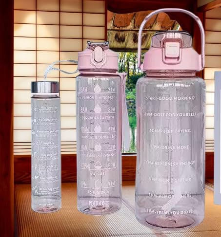 Image of EKAN 3 in 1 Motivational Water Bottles Set 2000 ml, 900 ml, 300 ml Large Capacity Sipper Bottles for School, Office, Home and Gym Use Leak-proof BPA-Free Water Bottles (Pink)
