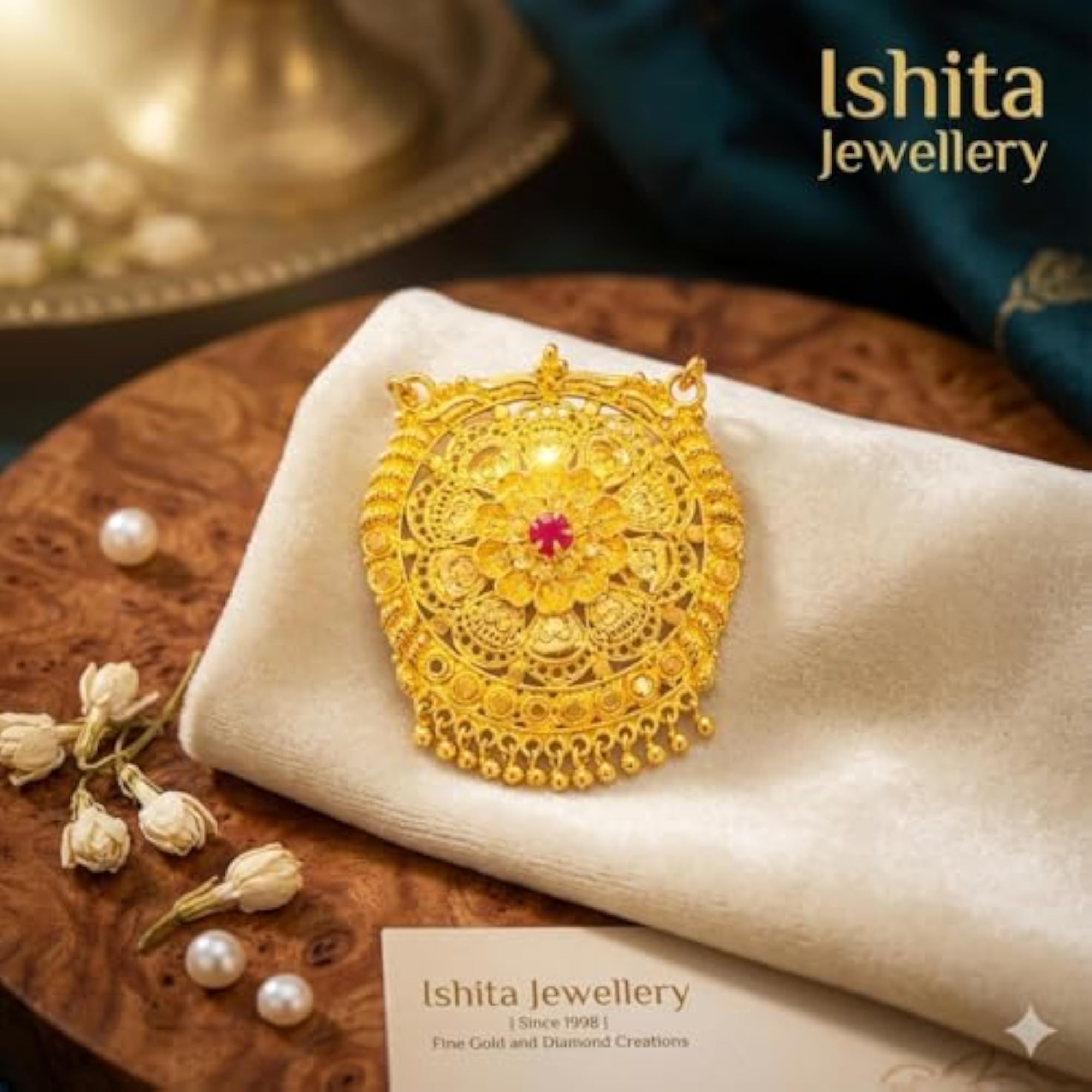 Gold Plated Copper Filigree Pendant with Ruby Red Stone