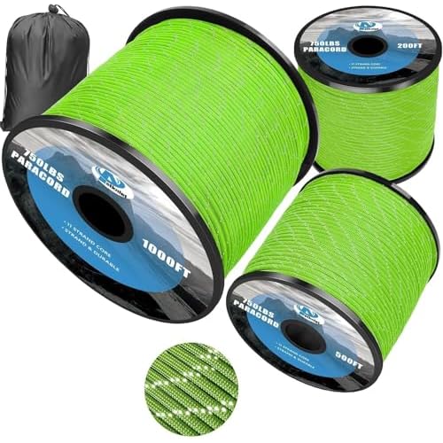 750Ib Reflective Paracord Rope,100′ 200′ 500′ 1000′, 4mm 11 Strand Parachute Spool Cord with Collecting Bag, para Cord Lanyard for Hammock, Camping
