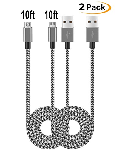 COCOFU Micro USB Cable, 10FT (2Pack) Extra Long Nylon Braided Universal Micro USB Charger High Speed Sync&Charge Cord Wire for Android, Samsung, HTC, Motorola,LG,Tablet and More (Black+Gray)