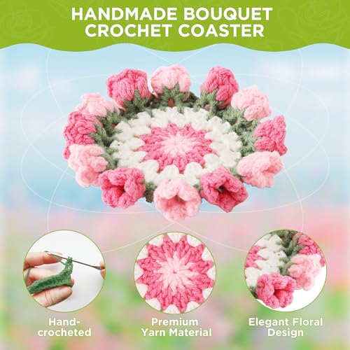 Vane Oak Flower Crochet Coasters, Handmade Bouquet Blanket Coaster with Crochet Plant Pot Fun Soft Decorative Drink Coasters for Coffee Tabletop Protection and Home Decor (Pink, 1Pc) by Vane Oak - Used condition - Image 4
