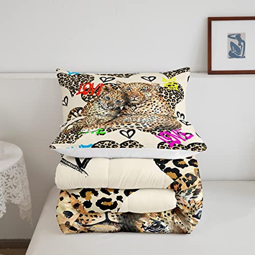 Leopard Comforter Set Full Size,Cheetah Family Quilt Set 3Pcs For Kids Teens Girls Room Decor,Wild Animals Skin Bedding Set Fashion Watercolor Graffiti Heart Duvet Insert With 2 Pillowcases #TOP4