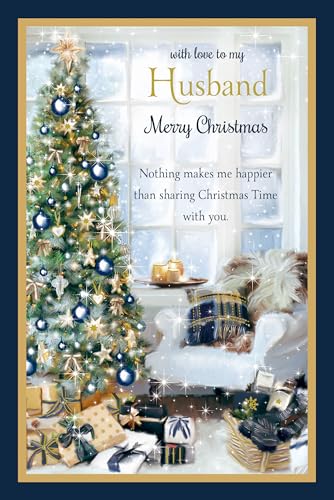 Paper Rose Artistic Large Christmas Greeting Card - To my Husband - Cosy Christmas Tree Scene - Gold Foil and Flitter Finish
