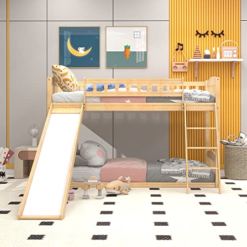 Etagenbett mit Rutsche,Niedriger Kinderbett Etagenbettrahmen Massives...