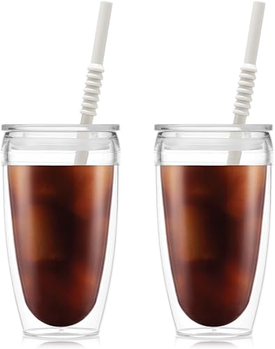 Bodum Pavina - Vasos de viaje aislados de 13.5 onzas con tapa y pajilla, plástico libre de BPA, paquete de 2