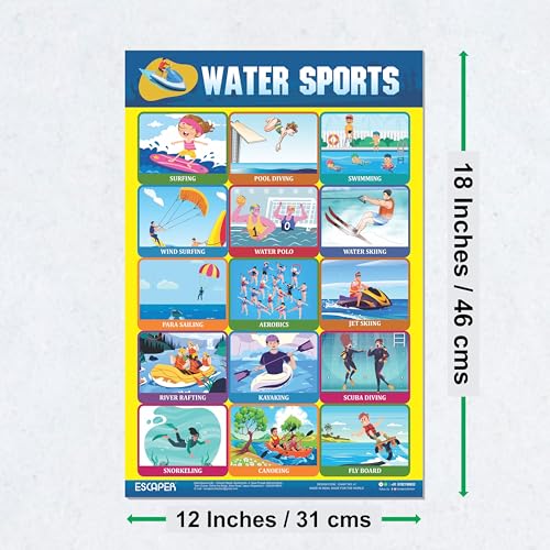 Image of ESCAPER Water Sports Educational Charts (11.5 x 17.5 inches), 300 GSM Paper, Laminated, Self Adhesive Back, Kids Learning Posters, Perfect For Home Schooling, Nursery Students