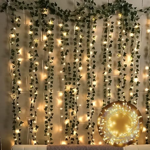 Image of MoonlitDreams Aesthetic Room Decor Kit with 4 Artificial Green Ivy Vines & 40FT Warm Fairy Lights | Pinterest-Inspired Wall Decoration for Bedroom, Living Room, Hostel & Study Room | Home Decor Gift