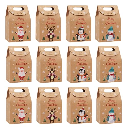 12 Stück Geschenktüten Weihnachten, Geschenktüten Klein aus Kraftpapier Weihnachten Papiertüten zum Befüllen Papier Geschenktüte Weihnachtspapiertüten mit Griffen zum Schokolade, Kekse, Süßigkeiten