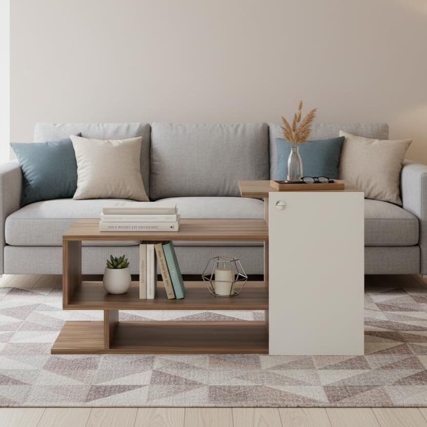 Image of FURNEASER Hanoi Modern Engineered Wood Coffee Table with Door & Storage Shelves | Center Table for Living Room & Sofa Area | Multi Level Open Rack Design | DIY Furniture (Exotic Teak & White)