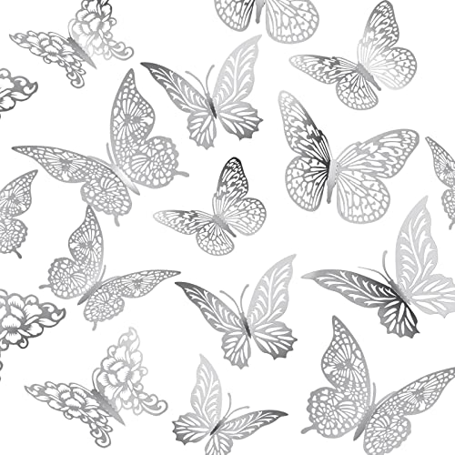 XUNXMAS 3D Butterfly Wall Decor Butterfly Stickers, 48Pcs 4 Styles 3 Sizes Butterfly Decorations Party Birthday Cake Decorations, Removable Stickers Decals for Mirror Kids Room Bedroom Wedding, Silver