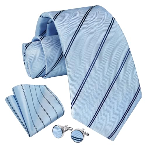 Image of Enlision Mens Ties Stripe Tie and Pocket Square Set Classic Formal Woven Neckties Handkerchief Cufflinks Wedding
