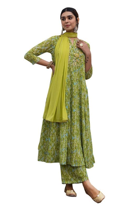 Janasya Indian Women's Georgette Lime Green Festive Kurta Set for Women2