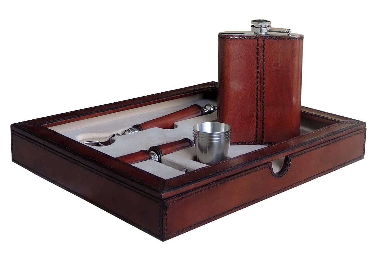 Bar Kit Set for Home and Gifting in Pure Brown Leather Includes bar