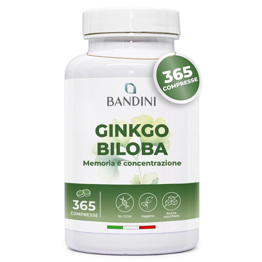 Bandini® Ginkgo Biloba 6.000mg, 365 Compresse (1 Anno di scorta) Estratto 50:1 di Ginko Biloba con Glicosidi Flavonici e Lattoni Terpenici, Gingko Integratore Nootropico 100% Vegan, Senza OGM