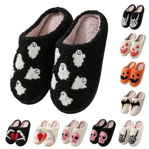 Halloween Slippers for Women Men Cute Cartoon Soft Plush Fuzzy Winter Holiday Home Slides Comfortable Bedroom Slippers Indoor Outdoor Non-Slip Slides House Shoes