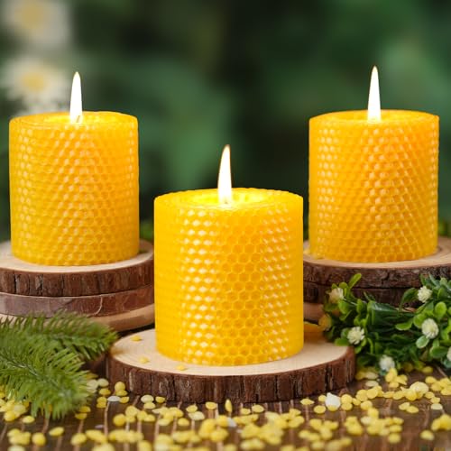 Image of Beeswax Pillar Candles,Non-Toxic Honeycomb Bees Wax Candle for Home,Yellow | 2.8x3 inch,3 Pack,72 H long clean Burning,100% Pure,natural unscented, smokeless,candle for home,emergency,prayer,dinner