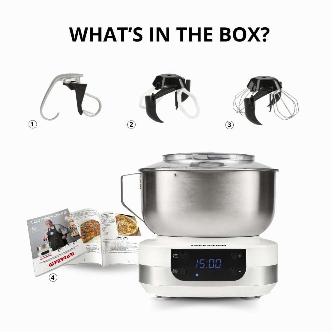 G3 Ferrari G20145 Impastatrice Planetaria Pastaio Gourmet, 1500 Watt, 5 Litri, Ciotola Inox con maniglia, Display digitale, 5 velocità, Timer, Ricettario incluso
