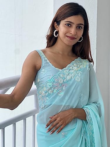 Image of AKHILAM Women's Georgette Embellished Saree With Unstitched Blouse Piece