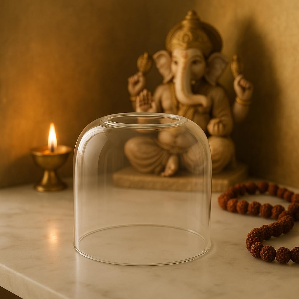 Klassic Big Curved Borosilicate Glass Cover (Without Diya) | 3.8 Inch Height & 4.1 Inch Width | Clear Heat-Resistant Glass Chimney | Wind & Dust Protector for Mandir, Puja, Aarti, Home Decor & Gifting