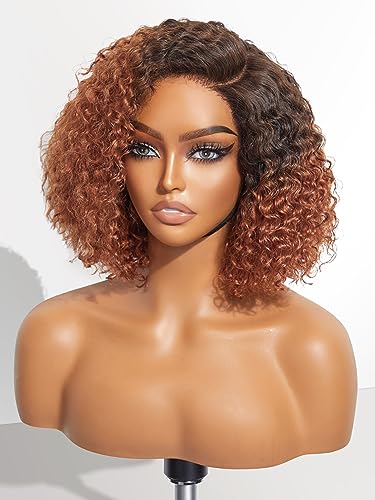 LUVME HAIR 10" Bright Brown Curly Wig Human Hair Pre Plucked, Undetectable Real HD Pre Cut Lace Wig Ombre Short Bob Wig 180 Density Glueless With Bleached Knots