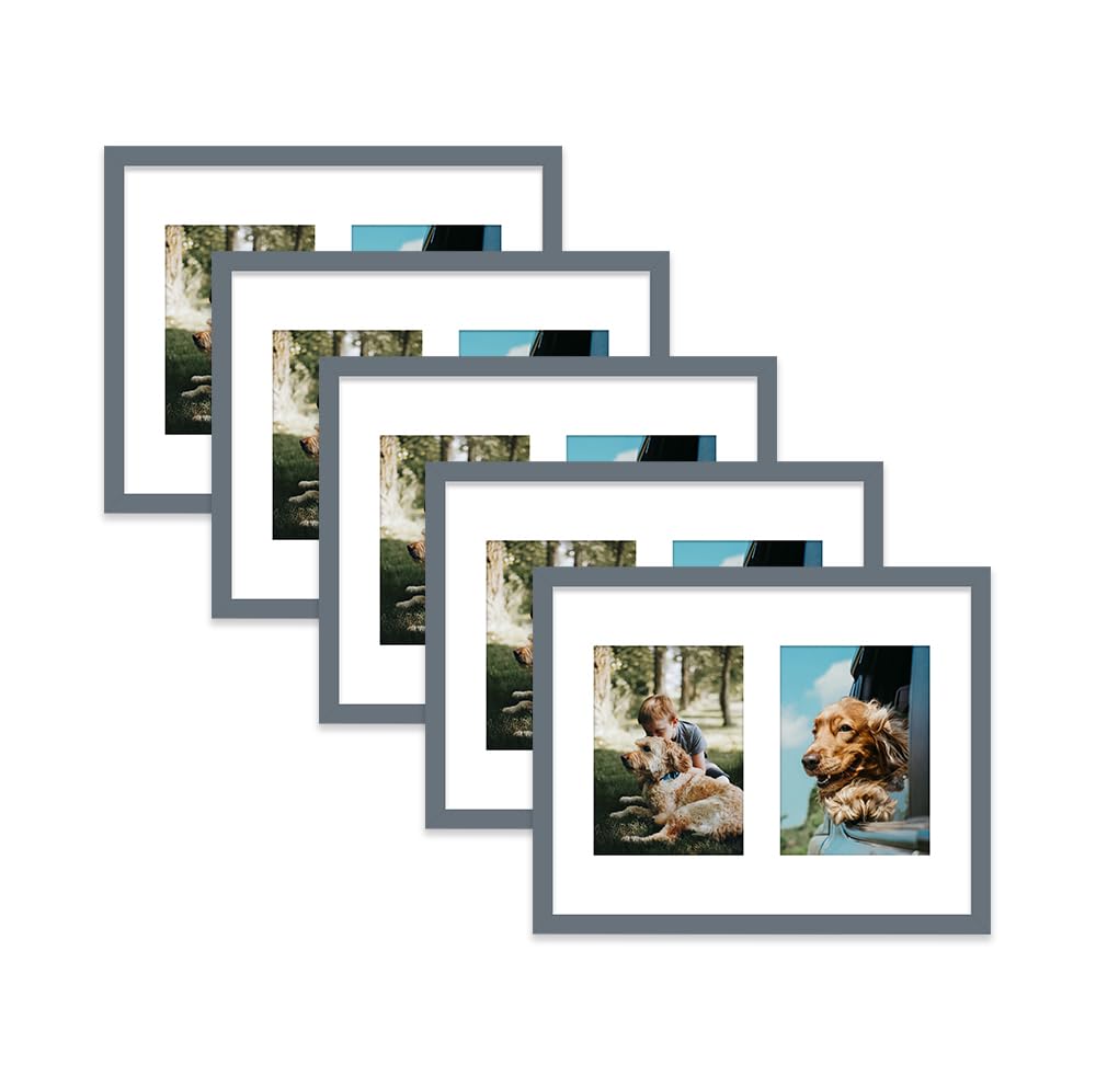 Grey Multi Photo Frame - Holds 2 x 7x5 Pictures, Family Collage Picture Frame for Wall Display, 14x11 Frame size, Set of 5