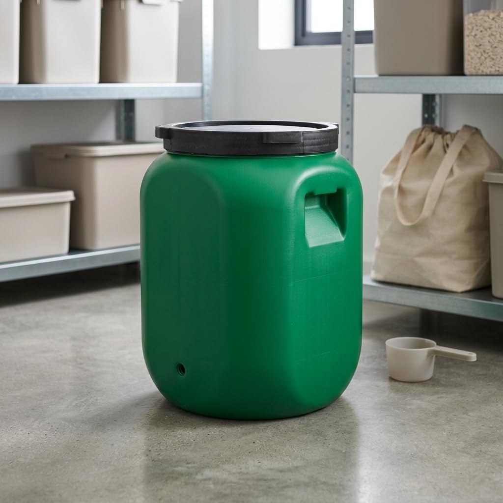 plasteo Barril de boca ancha con tapa, apto para alimentos – barril universal HDPE estable con cierre de rosca, para pienso, almacenamiento y transporte, verde (2x 60 L Cuadrado)