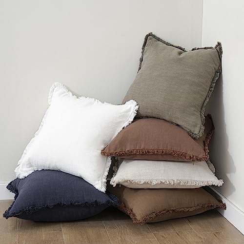 Image of Foindtower Set of 2 Decorative Linen Fringe Throw Pillow Covers Cozy Boho Farmhouse Cushion Cover with Tassels Soft Accent Pillowcase for Couch Sofa Bed Living Room Home Decor, 22x22 Inch, Rust