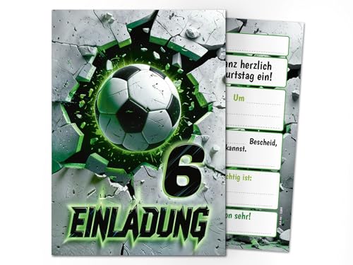 Junaversum 12 Einladungskarten zum 6. Kindergeburtstag Fußball Fussball Kinder Jungen coole bunte Einladungen sechste Geburtstag Geburtstagseinladungen Kids
