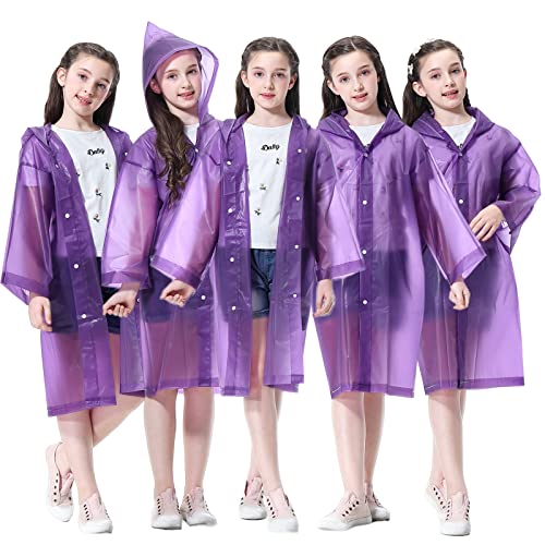 Image of Rain Poncho for Kids Boys Girls - 2 Pack Reusable Waterproof Rain Coat Jacket for Teen Disney, Clear Pink Yellow Blue Purple