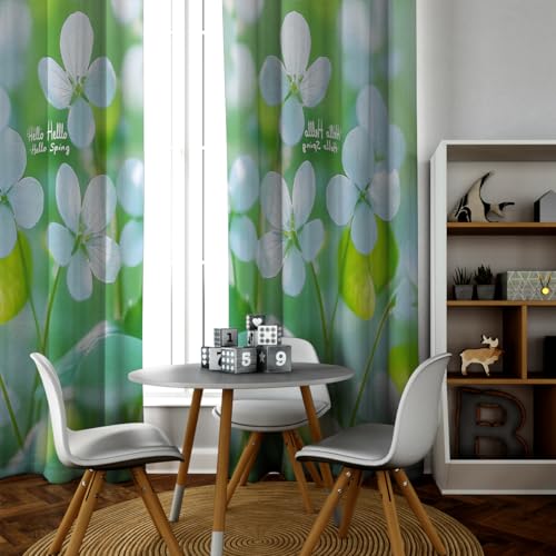 Rideaux occultants verts à fleurs blanches W160xL183cm pour salon et chambre