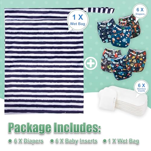 Image of Wegreeco Cloth Diapers 6 Pack with Inserts & Wet Bag, Washable Reusable Diapers for Babies, One Size Adjustable (Monster Style)