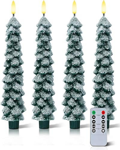Image of Stmarry 4 PCS Flameless Christmas Tree Candles with Remote, Snow Covered Real Wax Flameless Taper Candles 9.65 Inch, LED Candlesticks Battery Operated with 3D Flickering Flame, Christmas Candles Decor