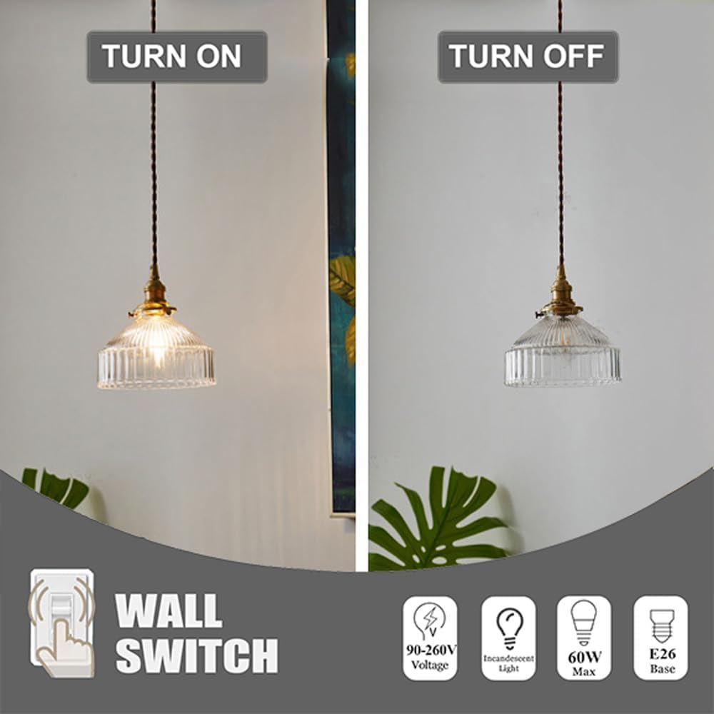 Vintage Glass Pendant Light Fixtures - Hanging Stripe Glass Pendant Light Gold Vintage Ceiling Light Fixture - Small Pendant Lighting for Kitchen Island Entryway Dining Room Hallway