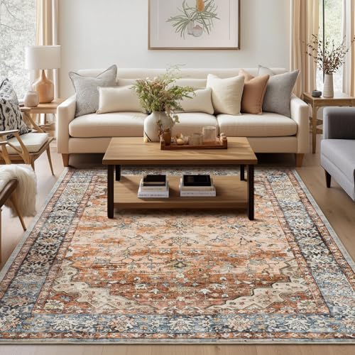 Topfinel Washable Rugs for Living Room 160x230cm, Boho Vintage Rust Area Rug with Non-Slip Backing, Low Pile Rug for Bedroom, Dining Room, Home Office