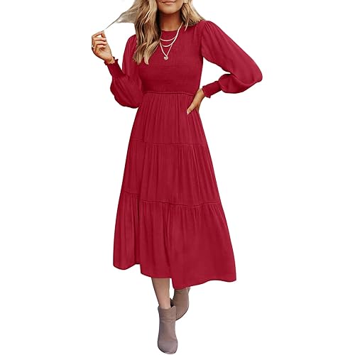 ZESICA Women's 2023 Casual Long Sleeve Crew Neck High Waist Smocked Flowy Tiered Midi Dress
