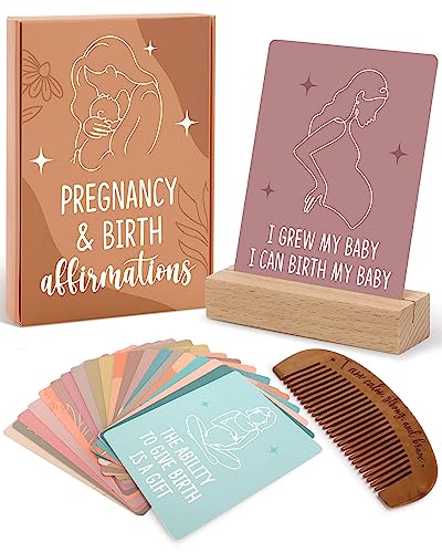 Image of Levfla Pregnancy and Birth Affirmation Cards with Wooden Engraved Labor Comb Production Encouragement Positive Push New Mom Gifts for Women After Birth Boho Style Gender Reveal Neutral Present