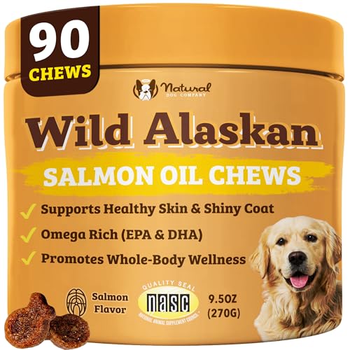 Natural Dog Company Wild Alaskan Salmon Chews for Dogs Fish Oil Supplement with EPA & DHA for Itchy Skin Coat Brain Joints & Immune Health Daily Omega-3 Chews 90 Count