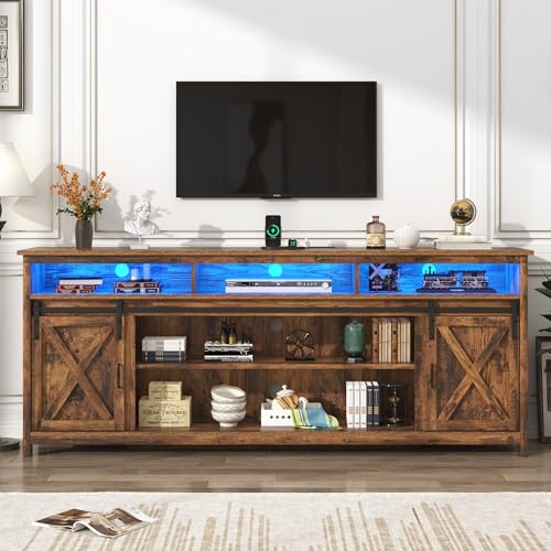 Farmhouse TV Stand for 90/85 inch TVs, Rustic Entertainment Center TV Cabinet Stands with Power Outlets, Rustic Brown
